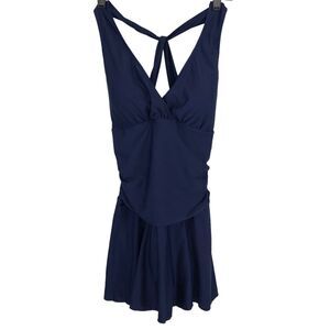 Shekini One Piece Flattering Skirted Swimsuit V Neck Ruched Size XL Blue